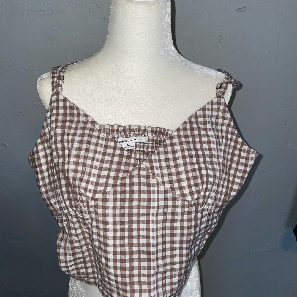 NWT O’Neill Kalia Gingham Brown White Crop Top Size M